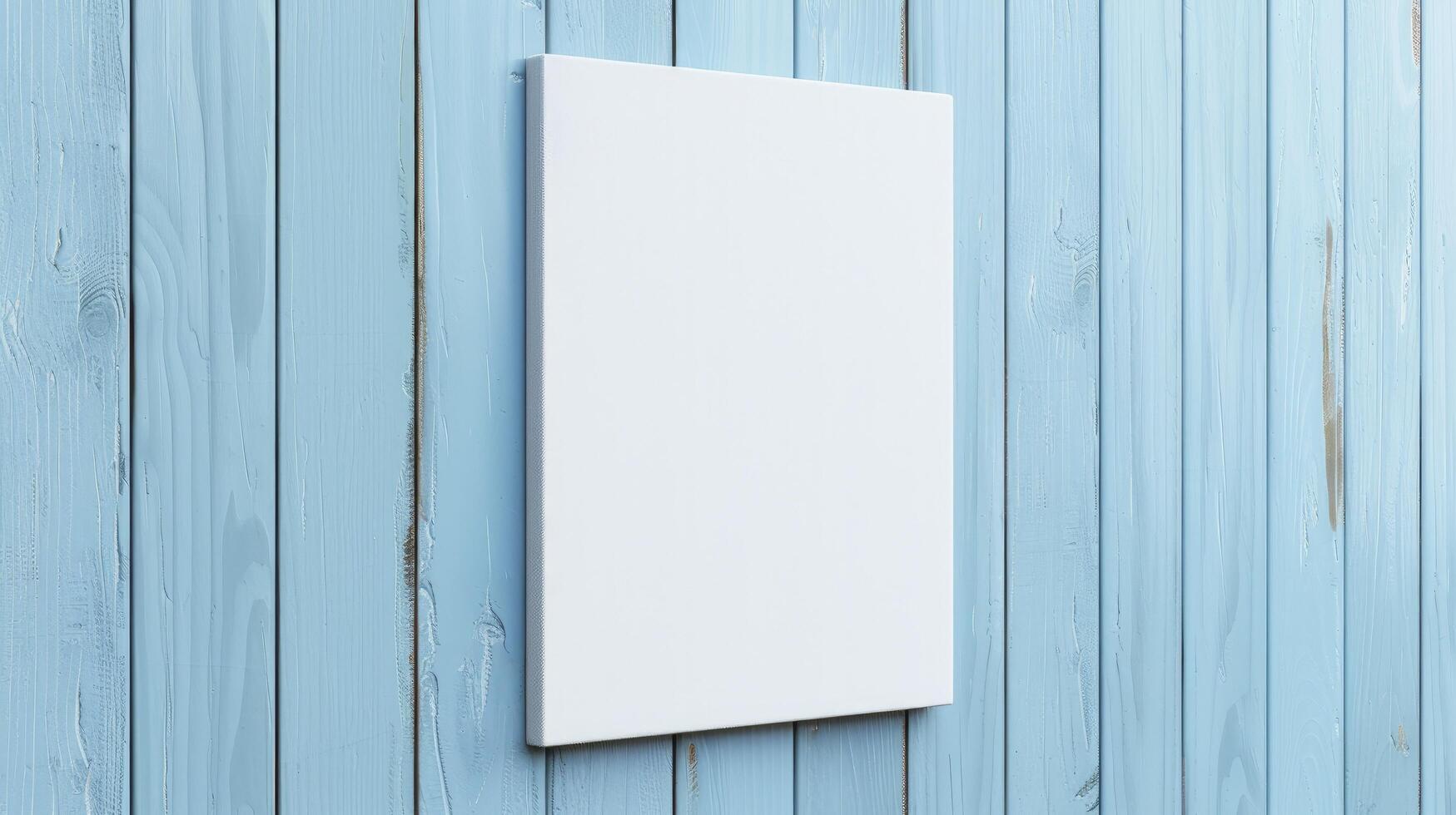 AI generated Mockup Wall Decor White Canvas Suspended Against a Light Blue Wooden Wall photo