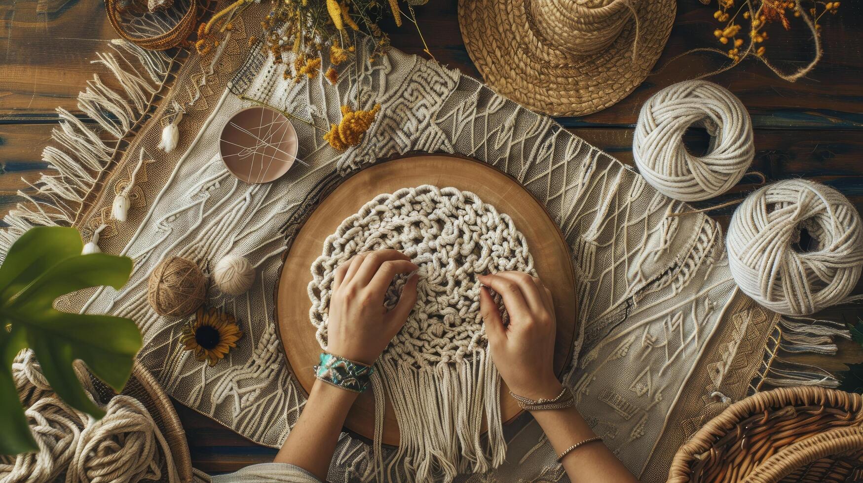 ai generado aficionado tejido de punto macramé con manos y hilo en de madera tablero foto