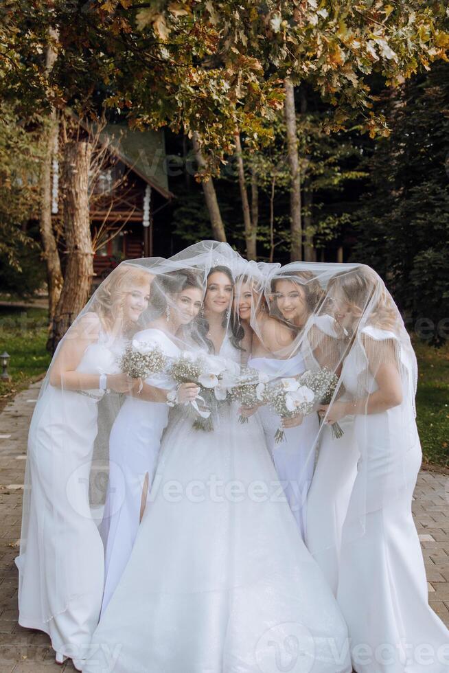 Wedding photography in nature. A brunette bride and her girlfriends pose under a veil, holding bouquets photo