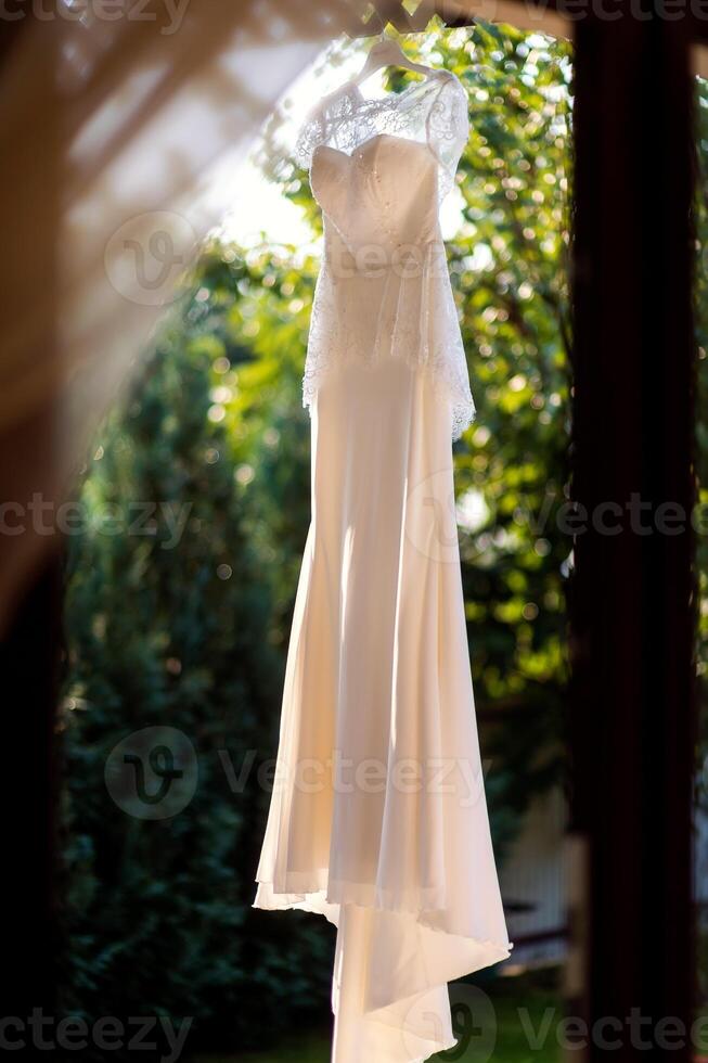 Elegant wedding dress hanging on branch on green nature background. photo