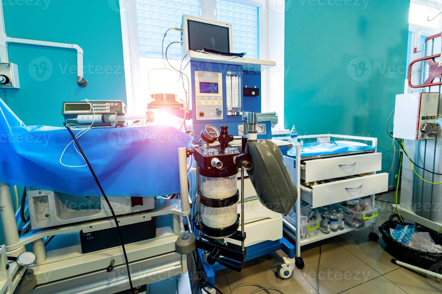 Mechanical ventilation equipment. Pneumonia diagnosting. Ventilation of the lungs with oxygen. COVID-19 and coronavirus identification. Pandemic. photo