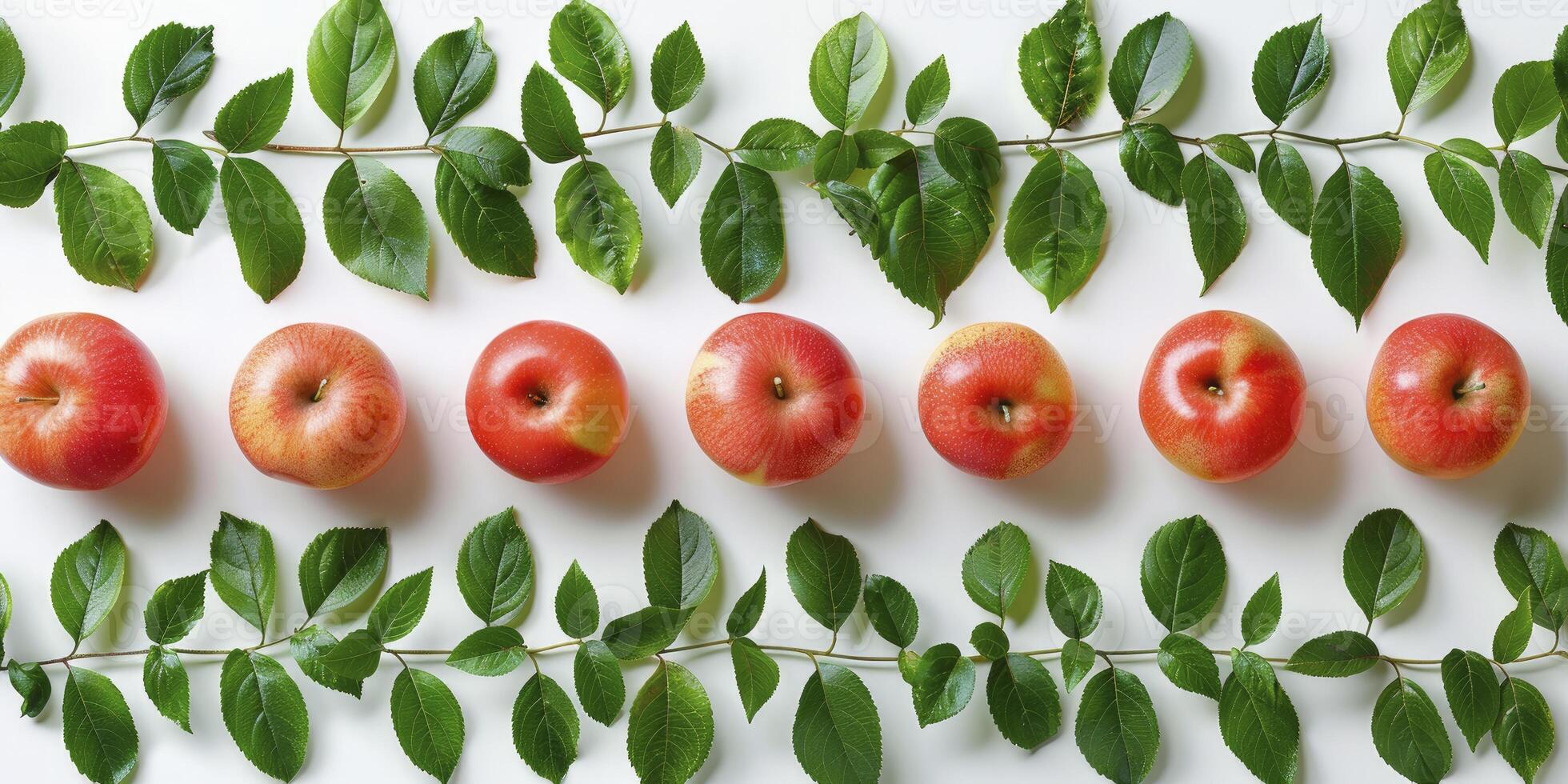 AI generated Top View, Flat Lay Fruit Pattern of Apples with Leaves photo