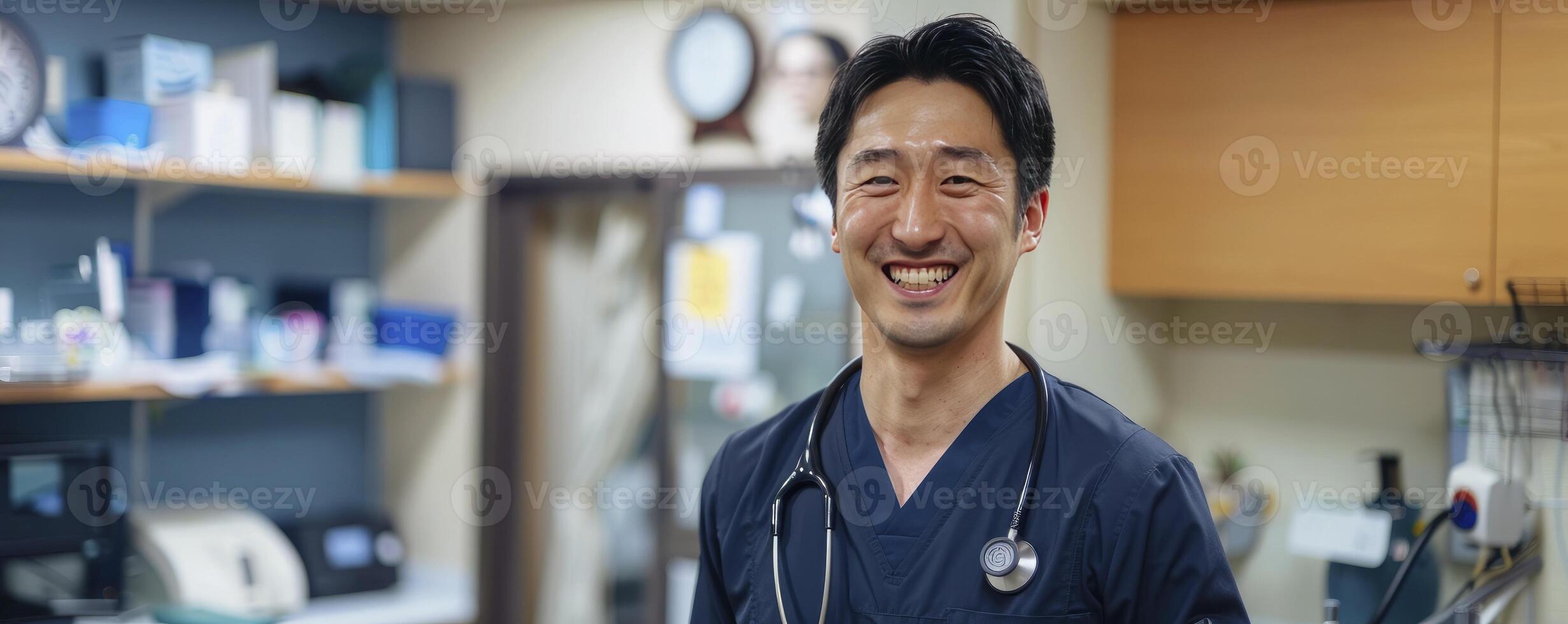 ai generado profesional excelencia, hermoso 30 años coreano médico vistiendo un sonrisa y estetoscopio, en pie en un médico oficina a el hospital en medio de médico equipo foto