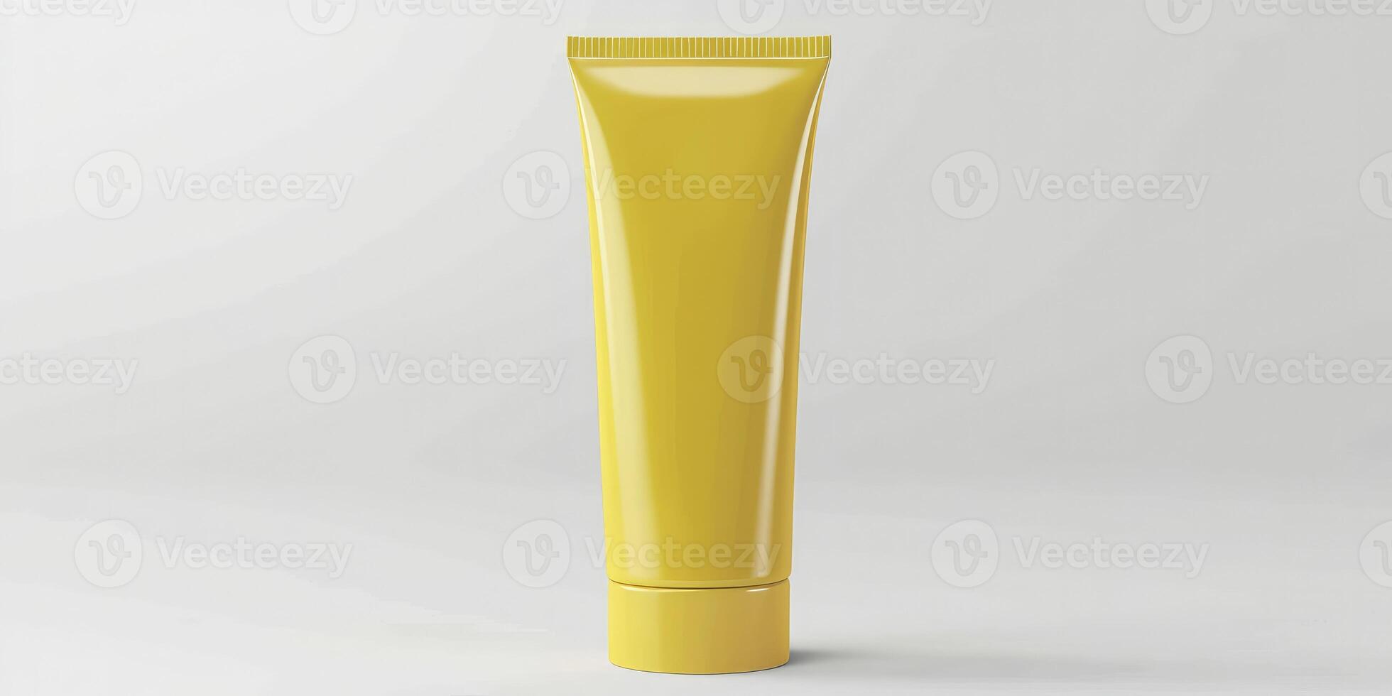 AI generated Soothing Care, Yellow Hand Cream Tube Packaging Presented Against a Clean White Background photo