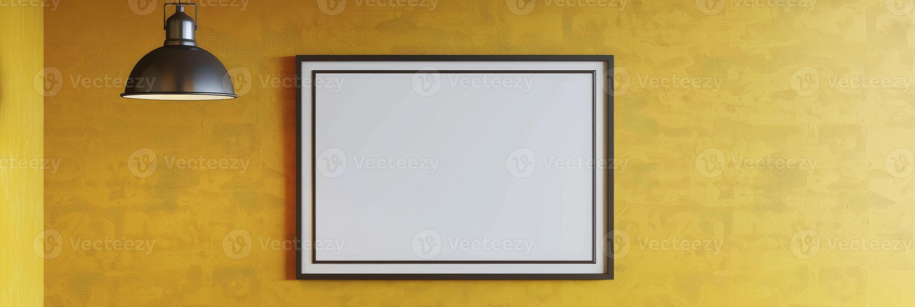 ai generado galería inspiración, blanco imagen marco en vibrante amarillo pared con colgando lámpara. Perfecto foto marco o póster modelo Bosquejo
