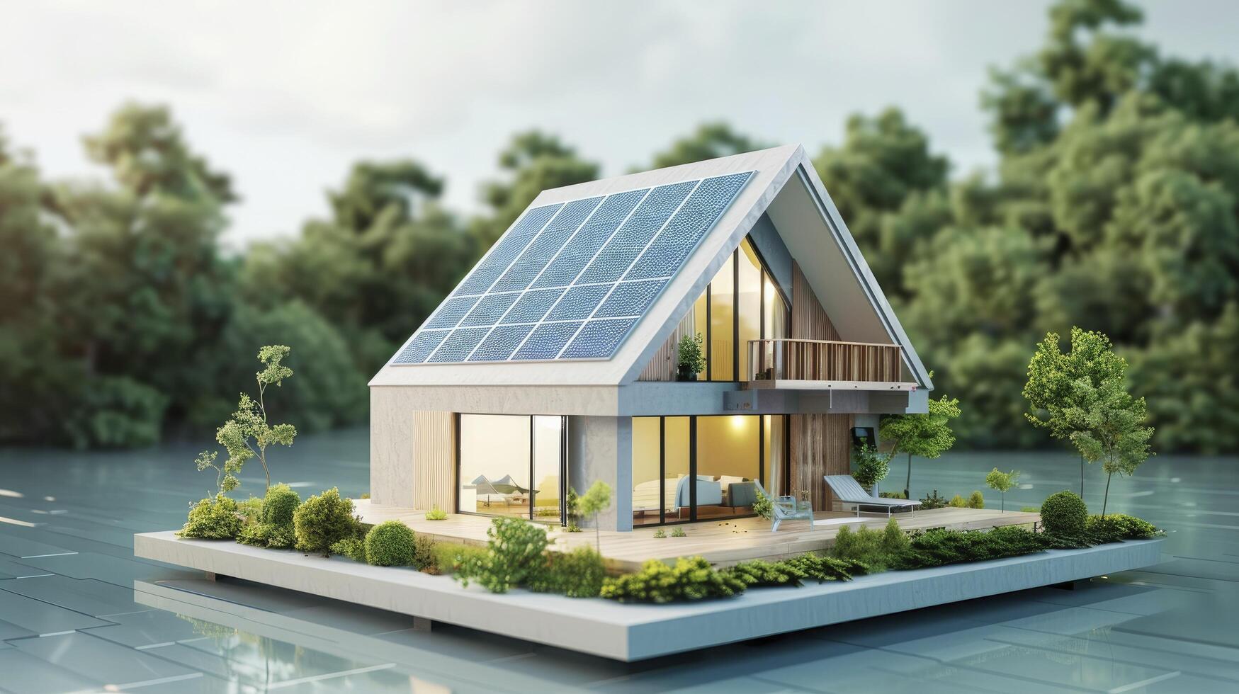 AI generated Solar connected house with many solar panels around it, in the style of digital. photo