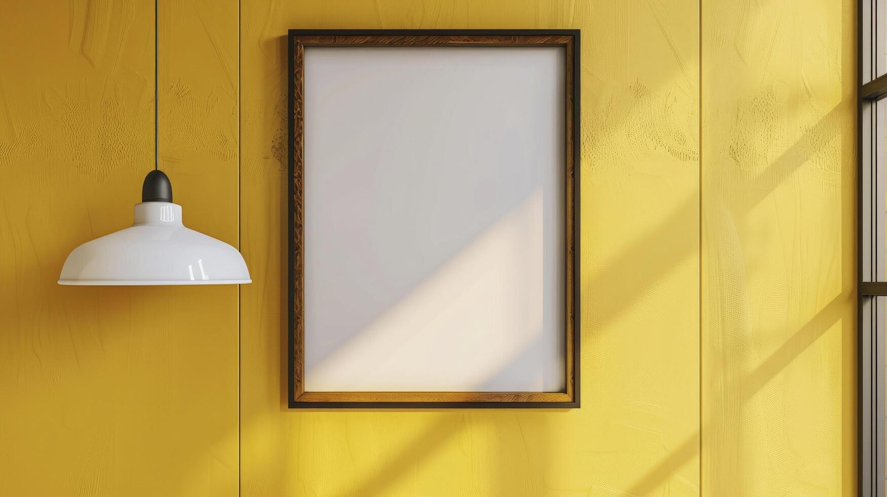 AI generated Gallery Inspiration, Blank Picture Frame on Vibrant Yellow Wall with Hanging Lamp. Perfect Photo Frame or Poster Template Mockup