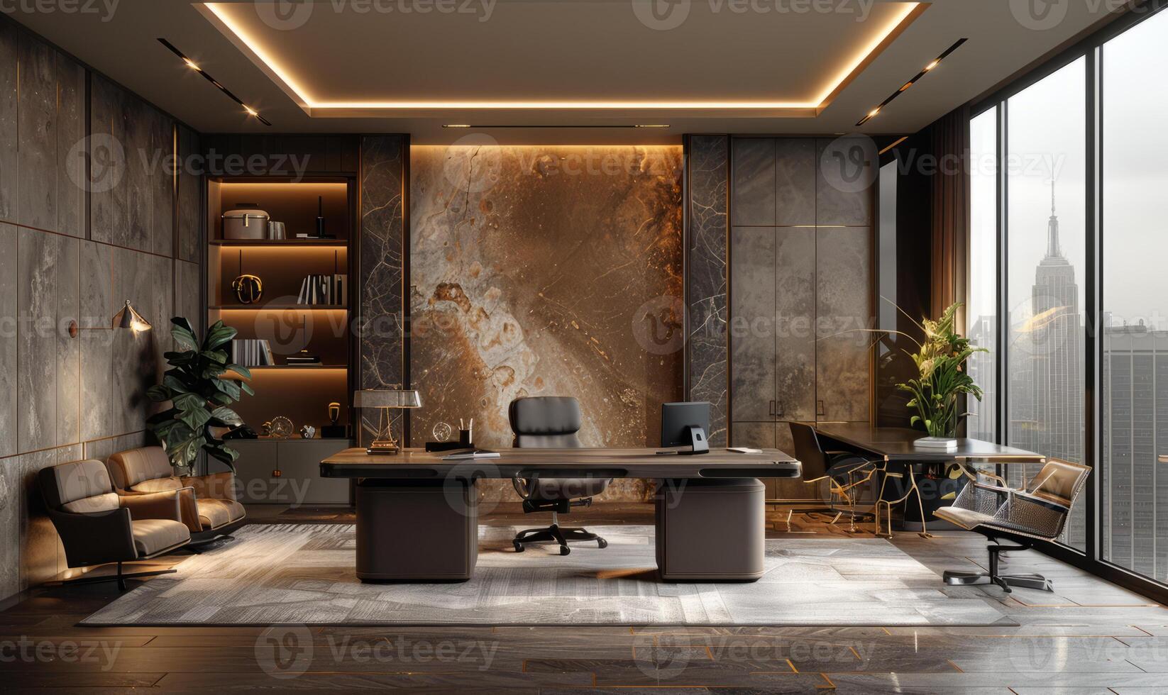 AI generated Luxury office interior with large table bookcase marble wall panoramic window and large armchair. photo
