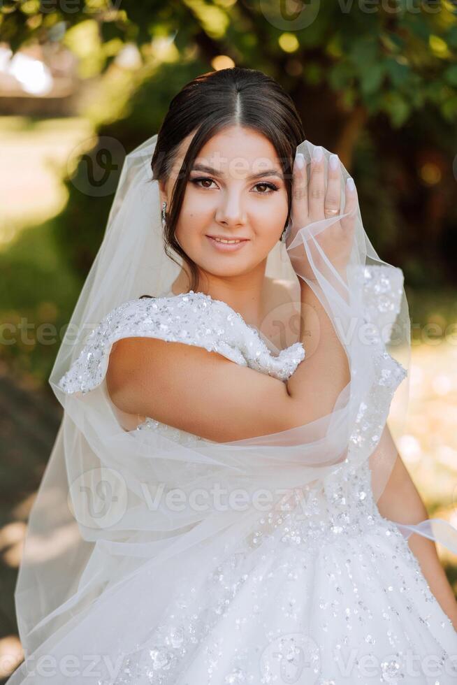 Wedding portrait. A brunette bride posing in nature, covered with a long veil. Beautiful makeup. Lace dress. Wedding ceremony photo