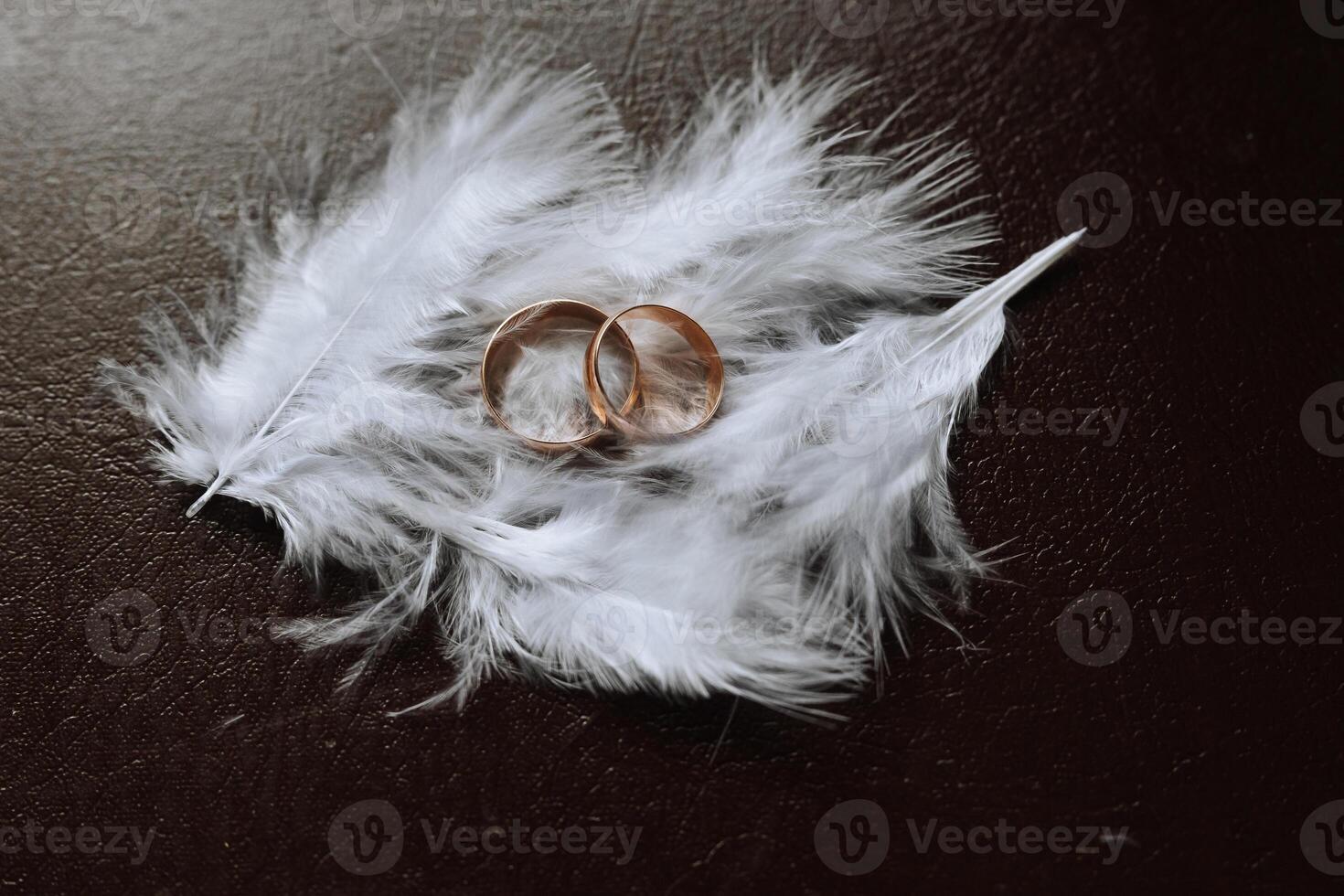 Stylish wedding rings on a white feather. Promises engagement. Luxury marriage and wedding accessory concept. two wedding rings and a wedding invitation. photo