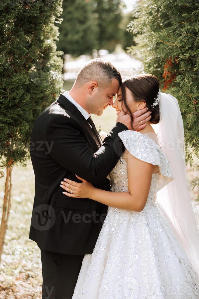 A young bride and groom tenderly embrace in the rays of the autumn sun. Tender and beautiful young girl bride. A man kisses his beloved. Against the background of a beautiful garden photo