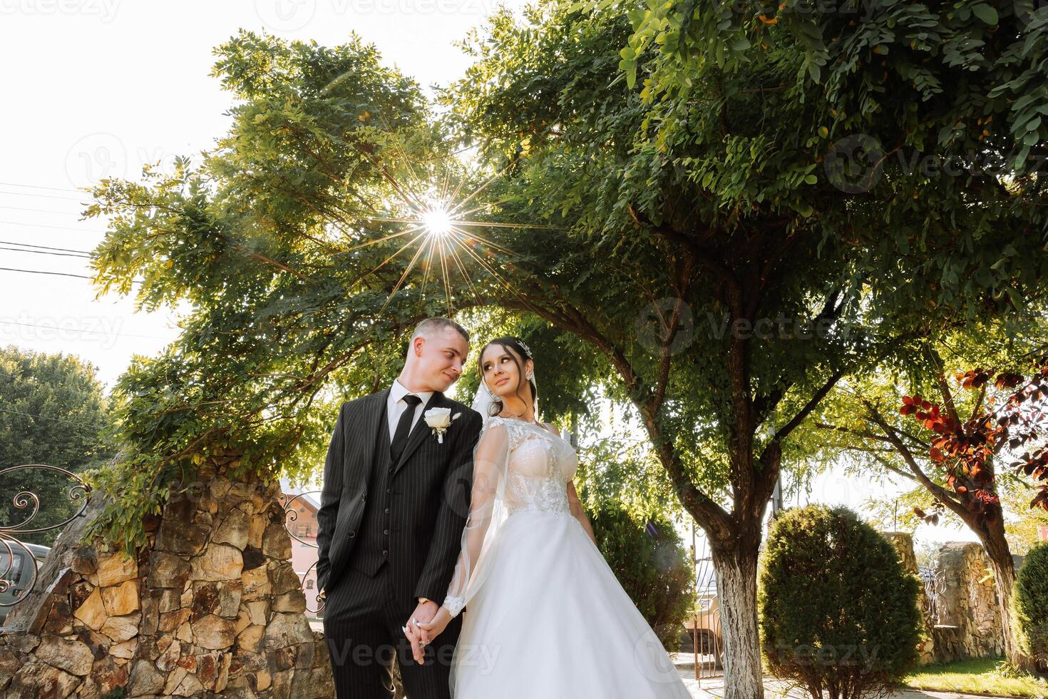 Wedding couple on a walk in the autumn park. The bride in a beautiful white dress. Love and relationship concept. Groom and bride in nature outdoors photo