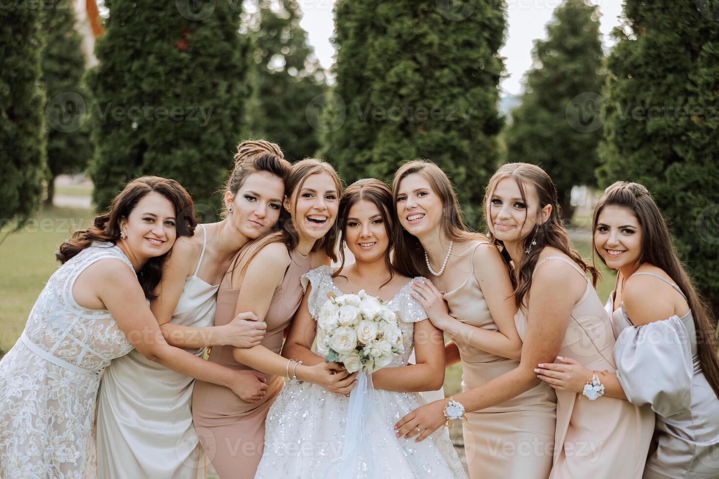 Wedding photography. A brunette bride in a white dress with a bouquet and her brunette girlfriends photo