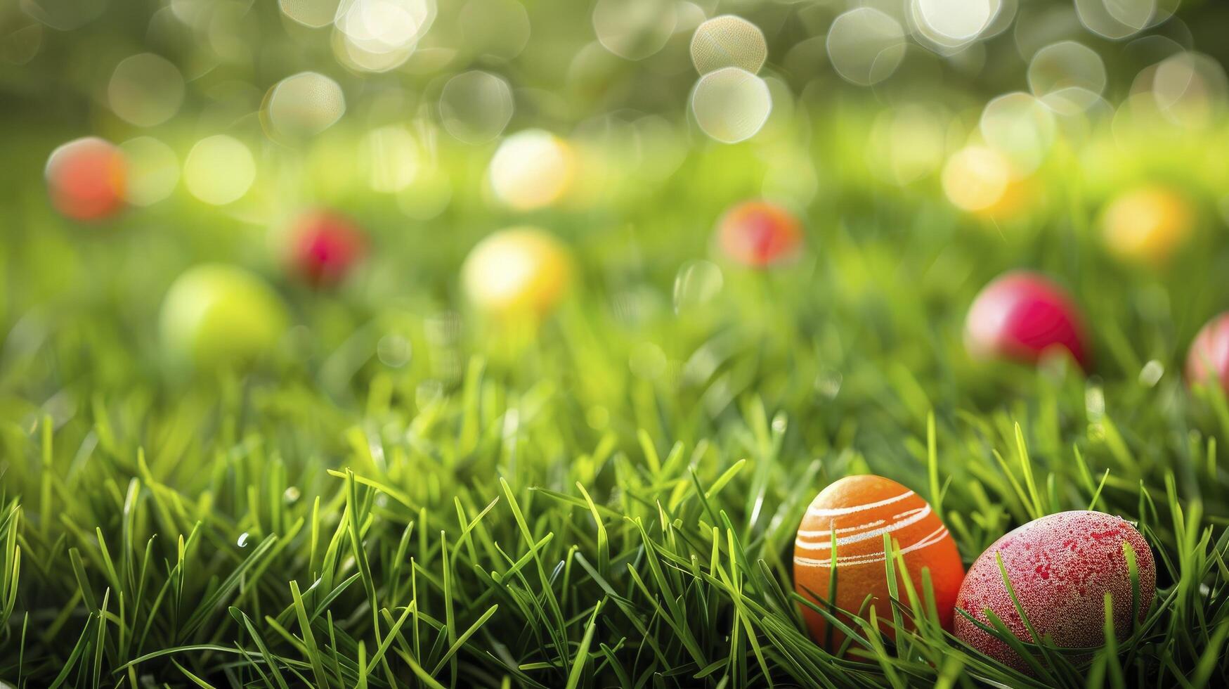 AI generated Colorful easter eggs on the green grass photo