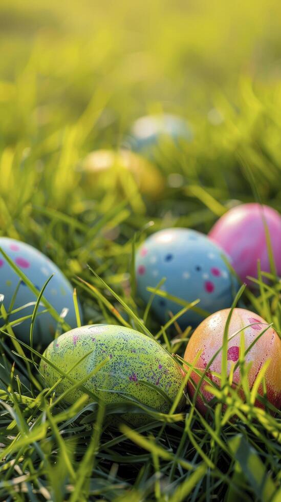 AI generated Colorful easter eggs on the green grass photo