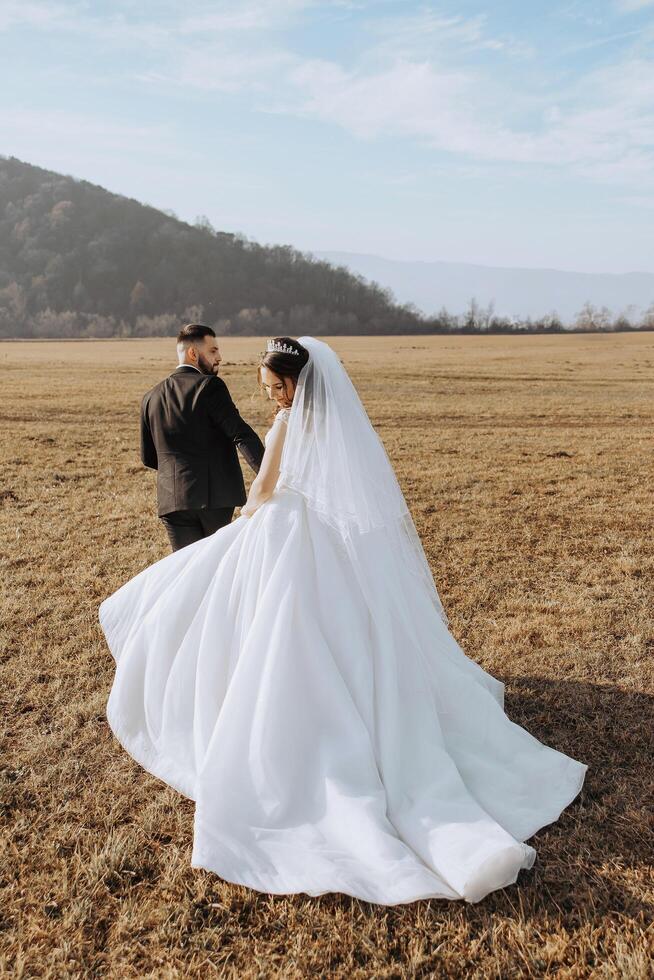 un Boda Pareja es caminando en naturaleza en un otoño día. contento joven novia y elegante novio participación manos. un elegante Pareja de recién casados en su Boda día. foto