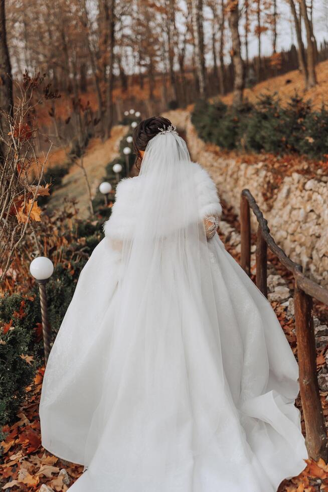 A brunette bride in a white dress with a long train holds the dress and walks on a wooden bridge. Autumn. Wedding photo session in nature. Beautiful hair and makeup. celebration