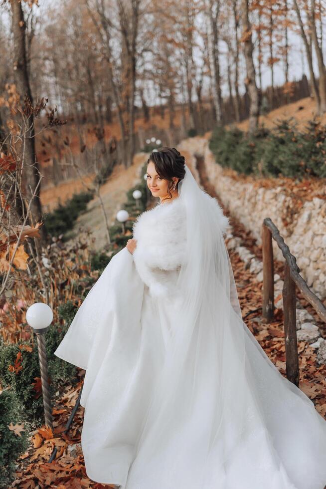 A brunette bride in a white dress with a long train holds the dress and walks on a wooden bridge. Autumn. Wedding photo session in nature. Beautiful hair and makeup. celebration