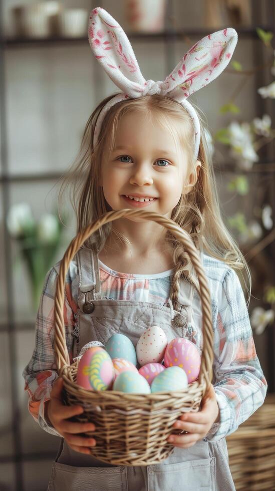AI generated Child wearing bunny ears on Easter day photo