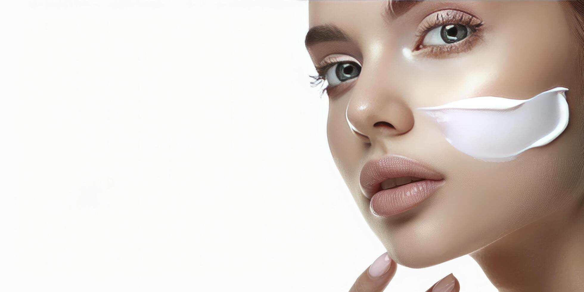 AI generated Young Beauty, Close-up of a Girl Applying Moisturizing Cream Against a White Background photo