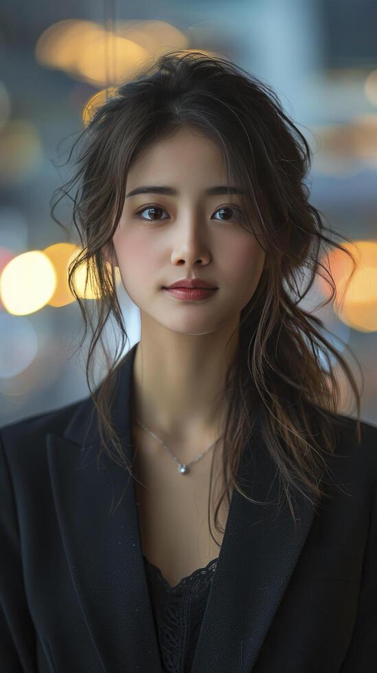 AI generated Urban Elegance, Chinese Young Woman Radiating Beauty Amidst the Bustling Cityscape photo