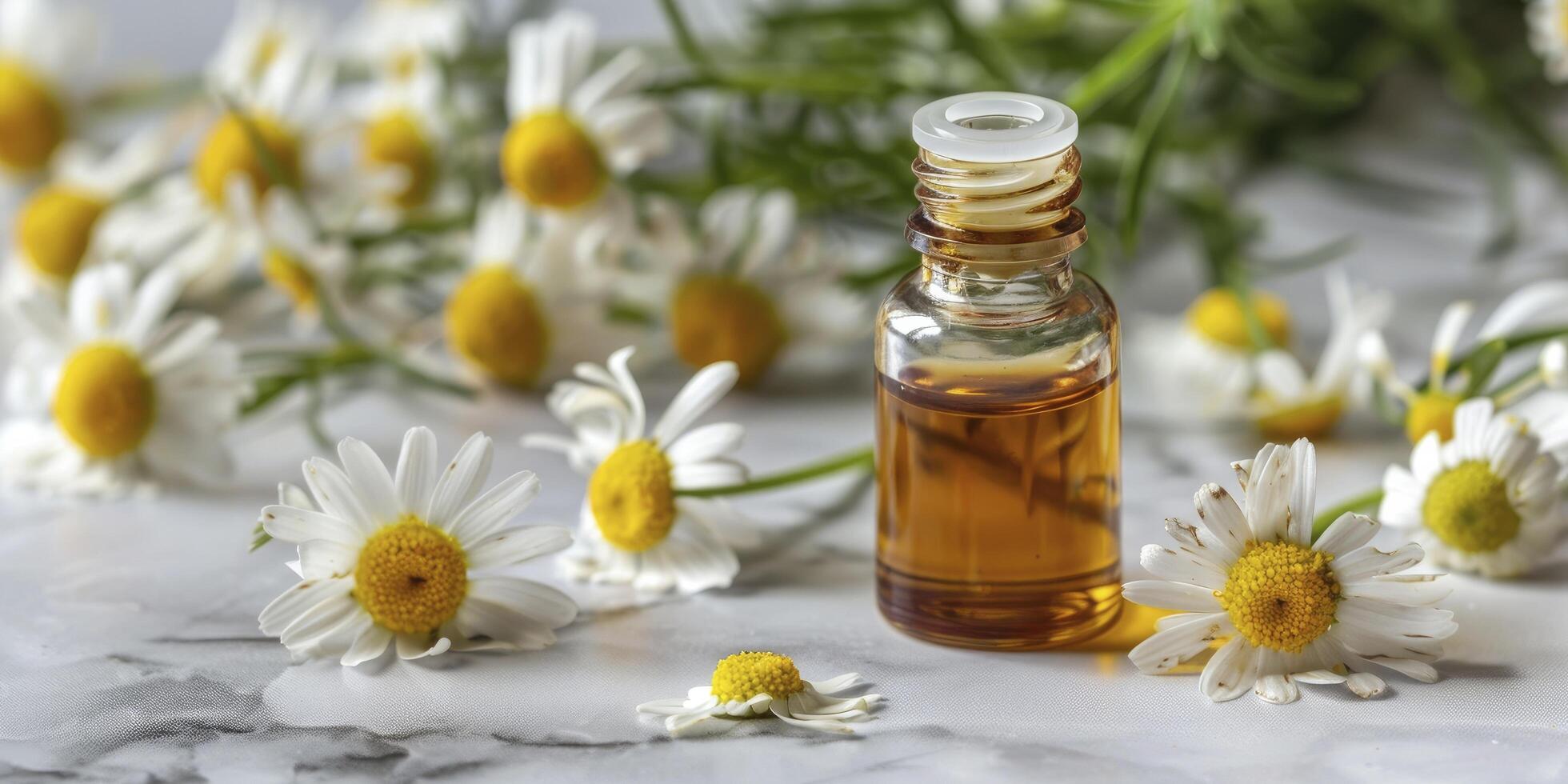 ai generado manzanilla esencial petróleo en un vaso botella, descansando en un lujoso mármol antecedentes. de cerca de manzanilla flores, Perfecto para spa y herbario medicina tratos foto