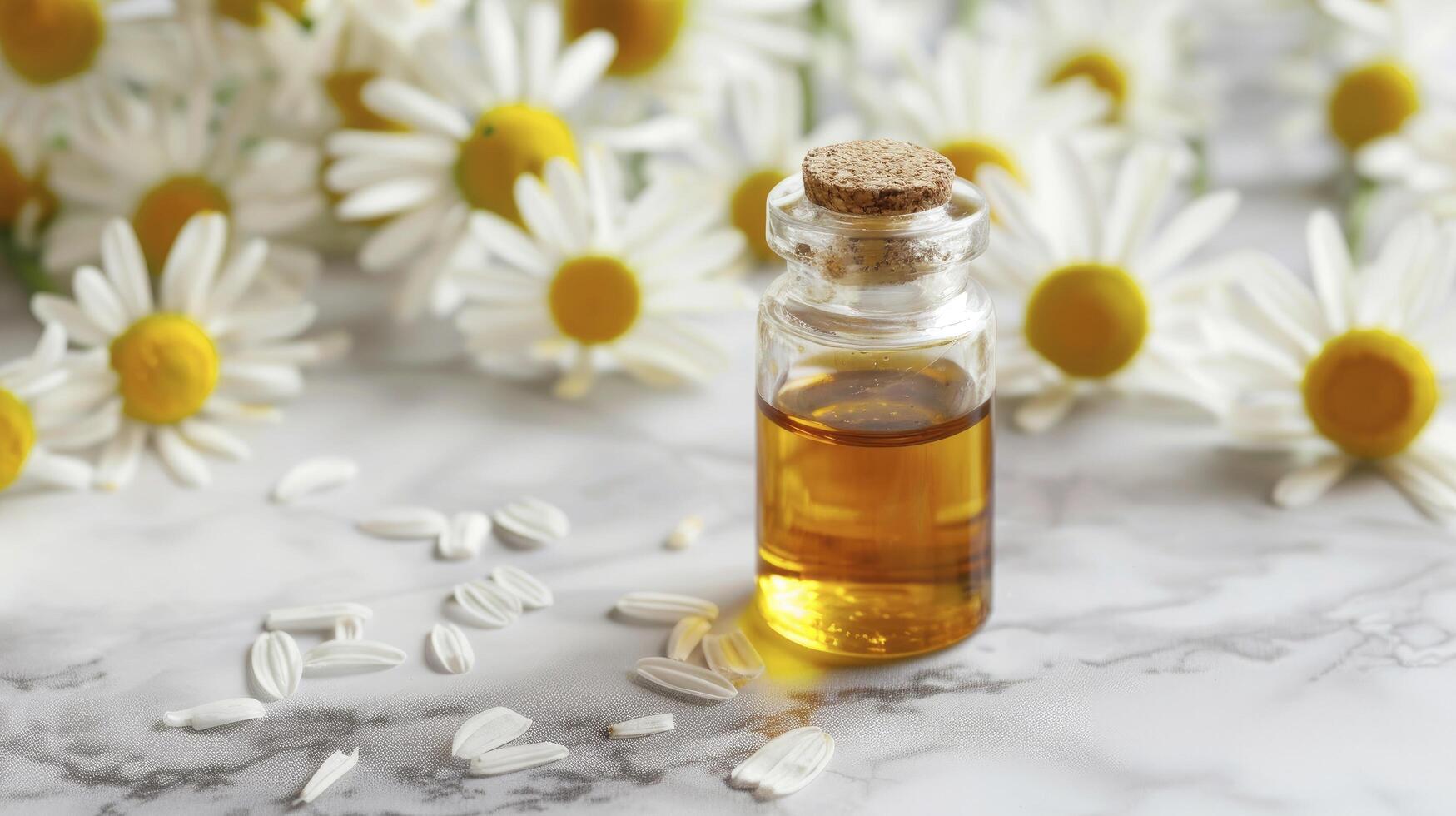 ai generado manzanilla esencial petróleo en un vaso botella, descansando en un lujoso mármol antecedentes. de cerca de manzanilla flores, Perfecto para spa y herbario medicina tratos foto