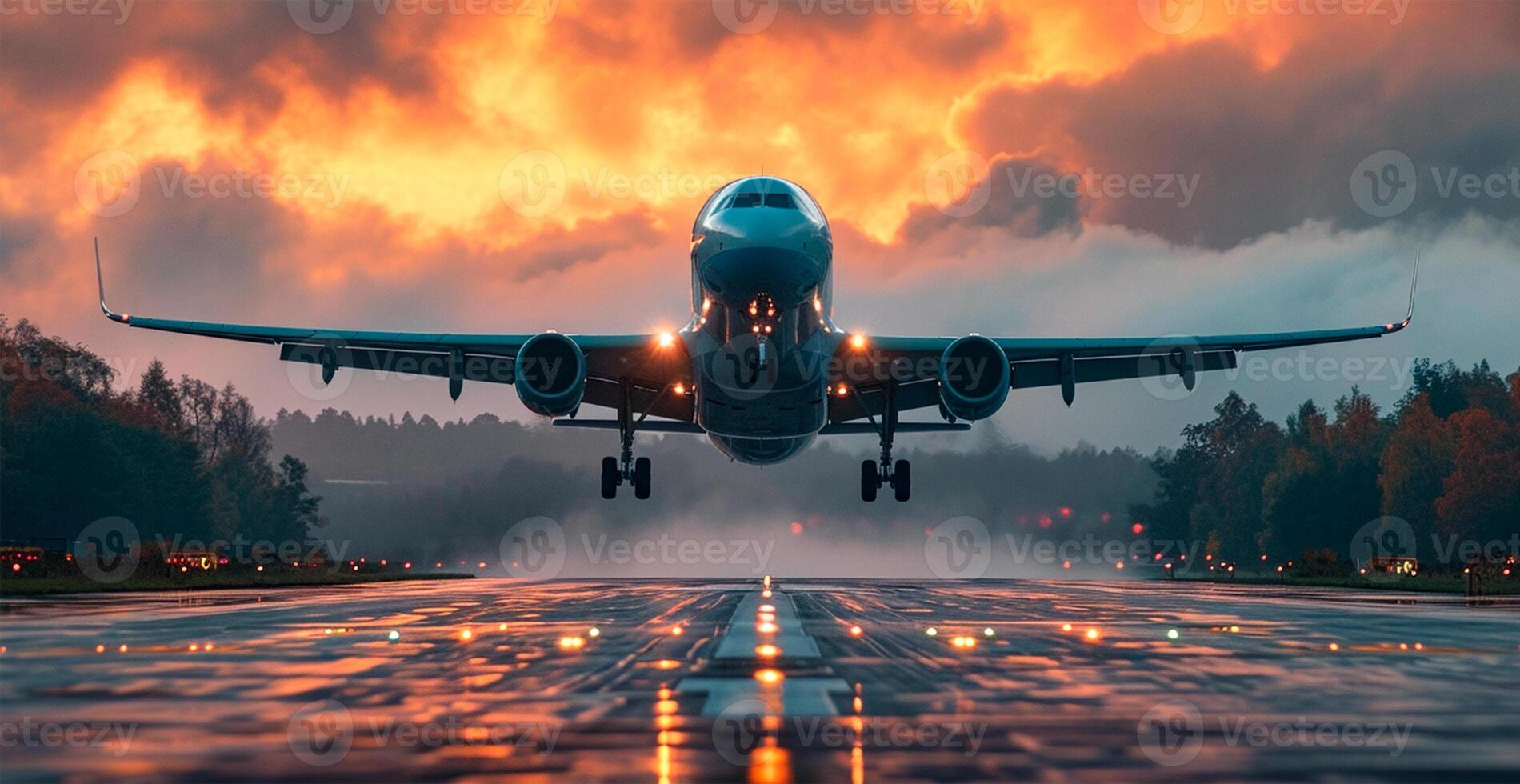 AI generated A commercial civil aircraft lands on the runway at the airport. Travel and transport concept - AI generated image photo