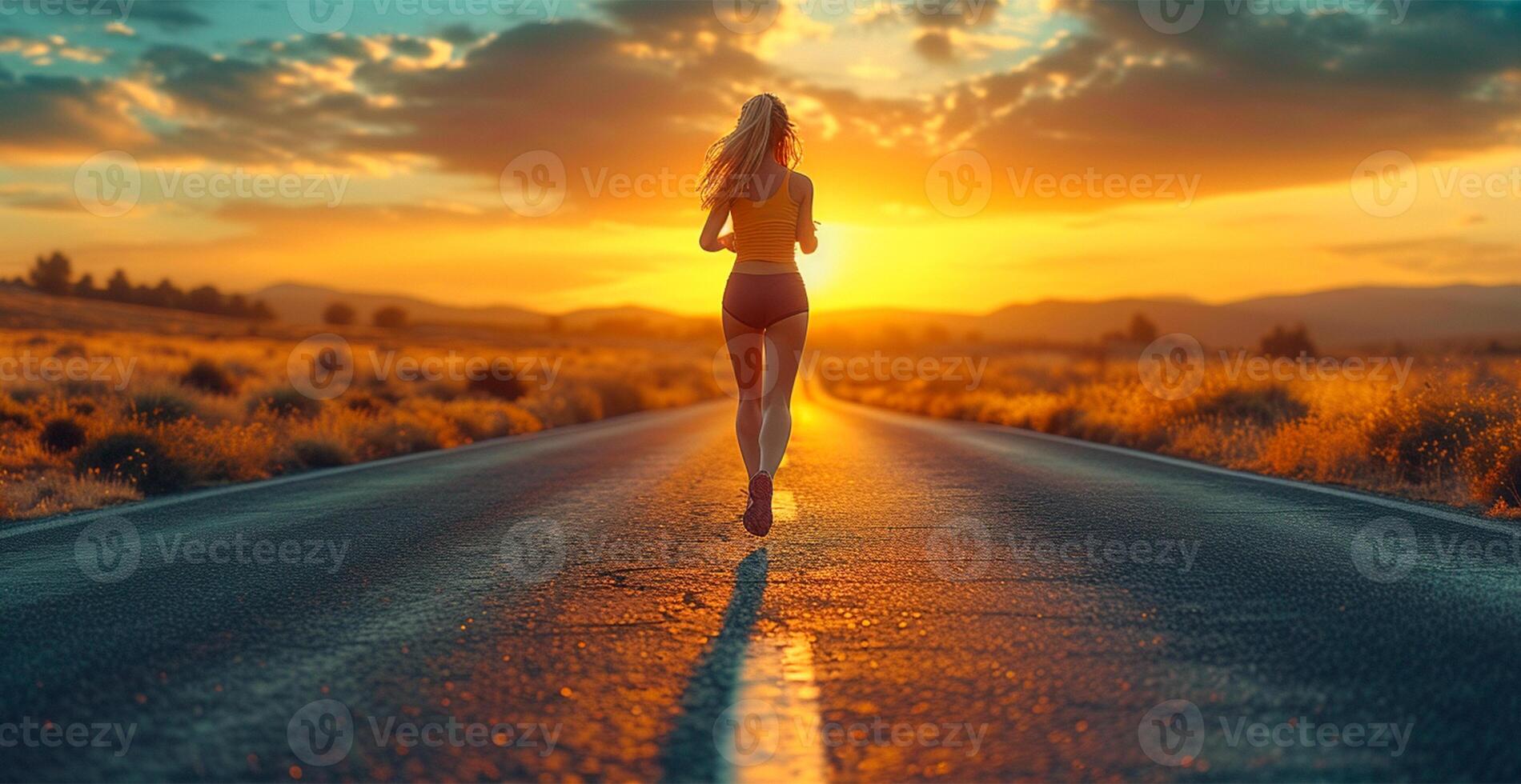 AI generated Running girl at sunset, sports jogging, healthy lifestyle - AI generated image photo