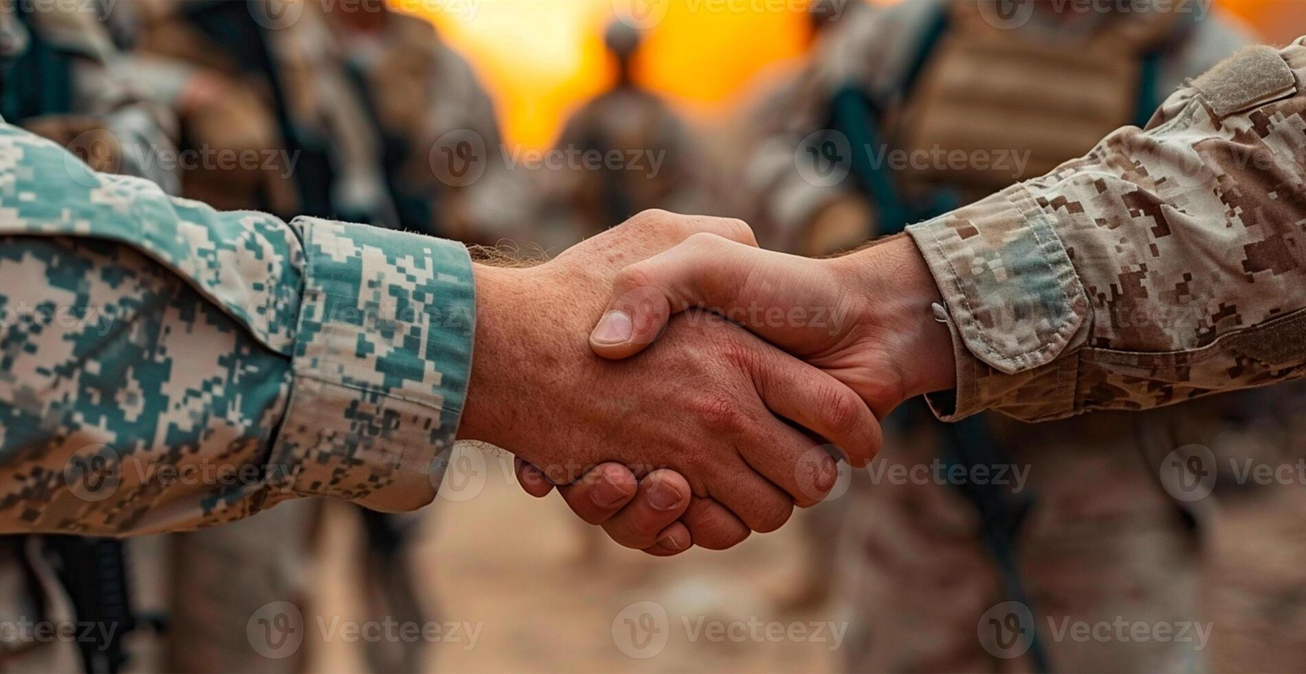 AI generated Military shake hands, peace negotiations, end of war - AI generated image photo