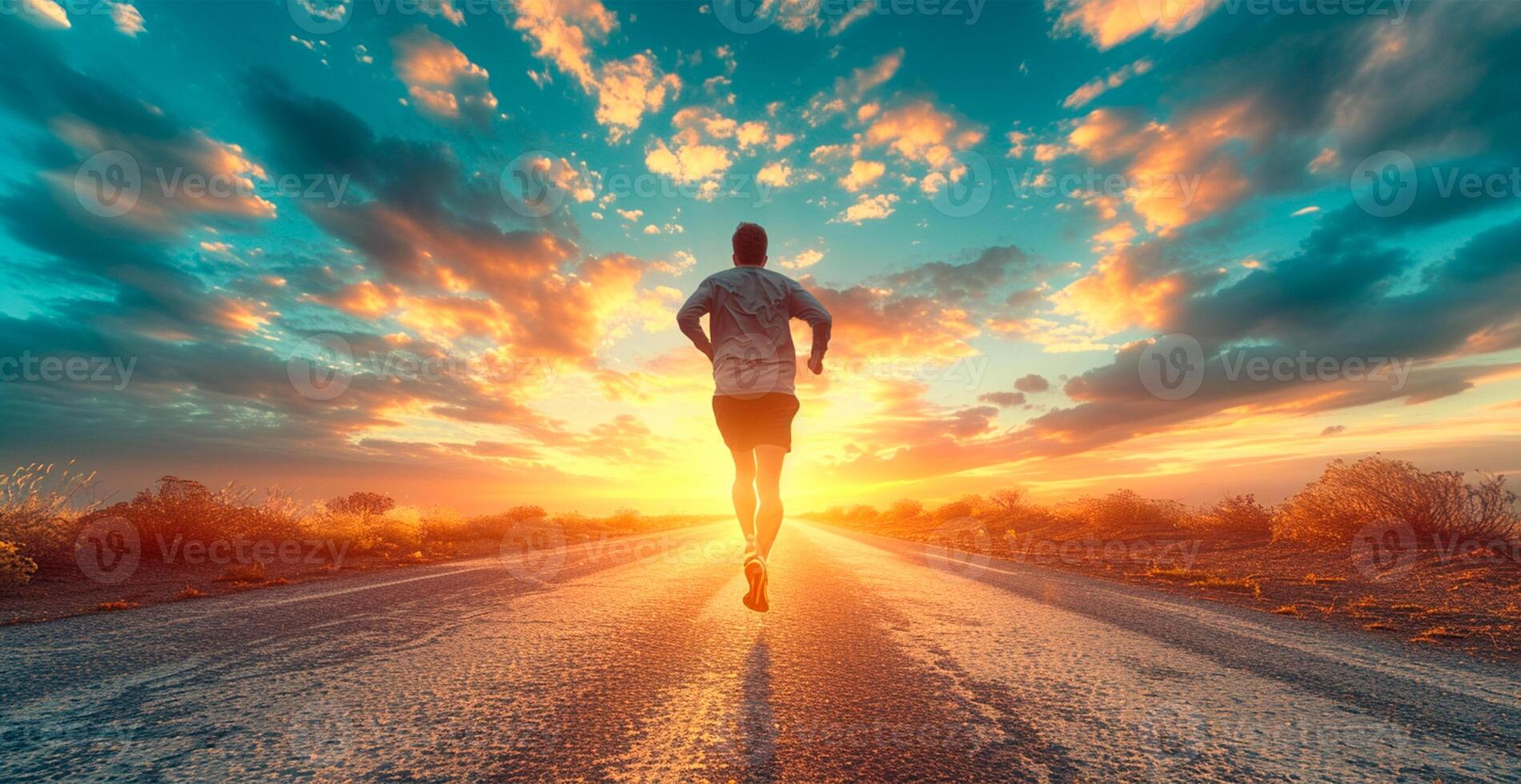 AI generated Running man at sunset, sports jogging, healthy lifestyle - AI generated image photo