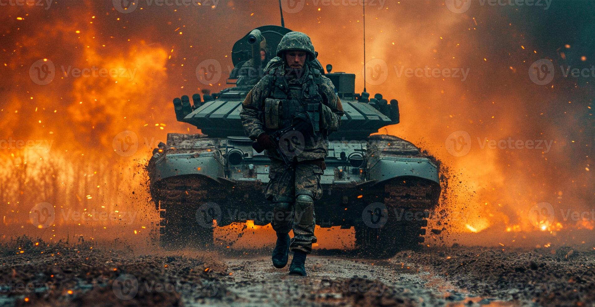 AI generated Military armored tank, soldier tanker on the battlefield, military conflict - AI generated image photo