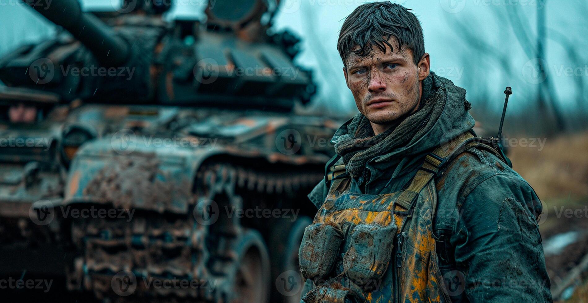 AI generated Military armored tank, soldier tanker on the battlefield, military conflict - AI generated image photo