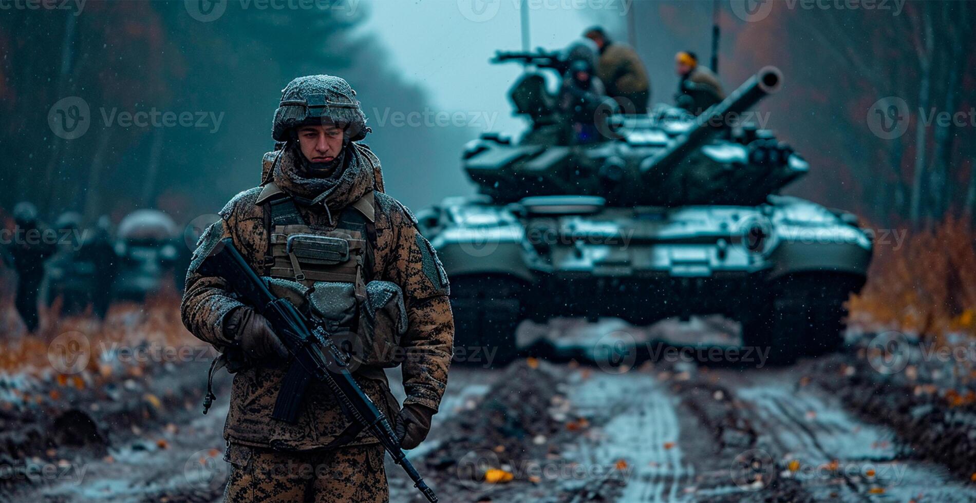 ai generado militar blindado tanque, soldado petrolero en el campo de batalla, militar conflicto - ai generado imagen foto