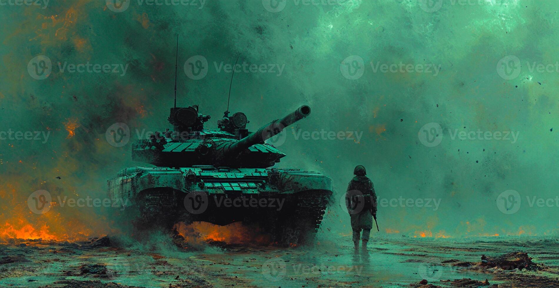AI generated Military armored tank, soldier tanker on the battlefield, military conflict - AI generated image photo