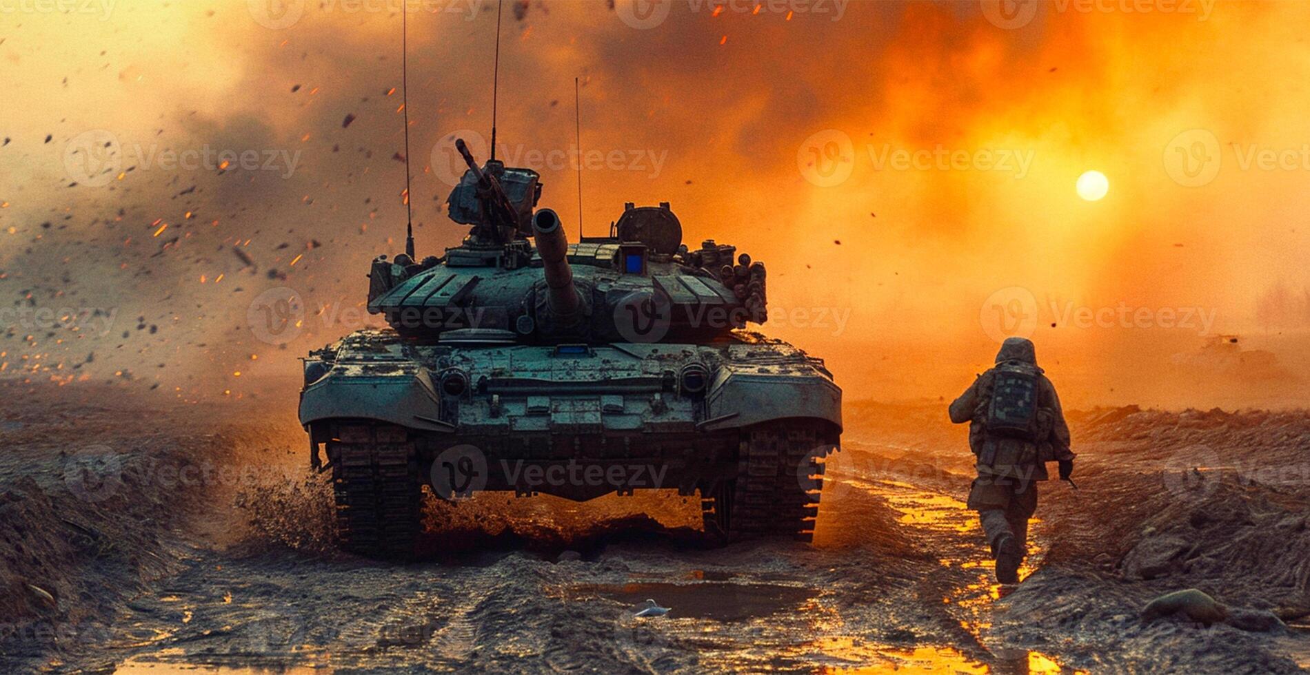 AI generated Military armored tank, soldier tanker on the battlefield, military conflict - AI generated image photo