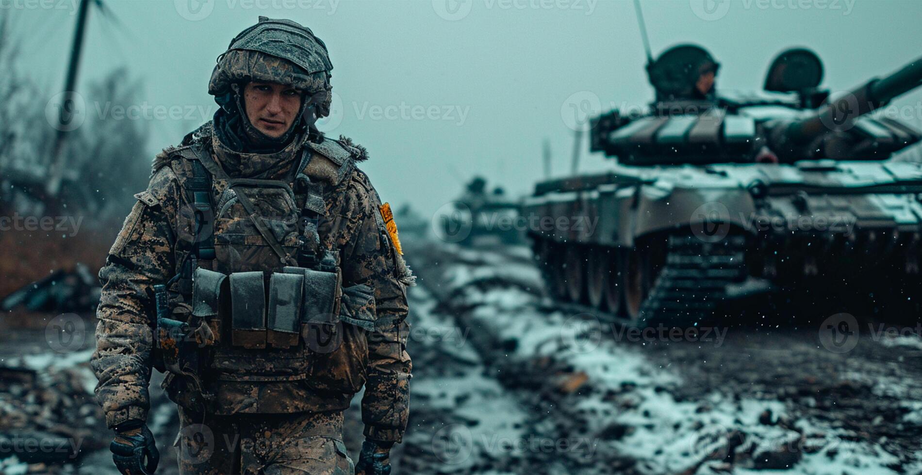 ai generado militar blindado tanque, soldado petrolero en el campo de batalla, militar conflicto - ai generado imagen foto