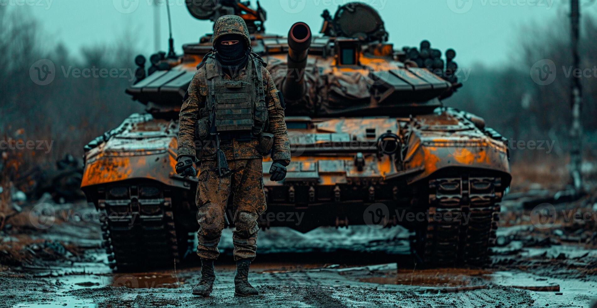 AI generated Military armored tank, soldier tanker on the battlefield, military conflict - AI generated image photo