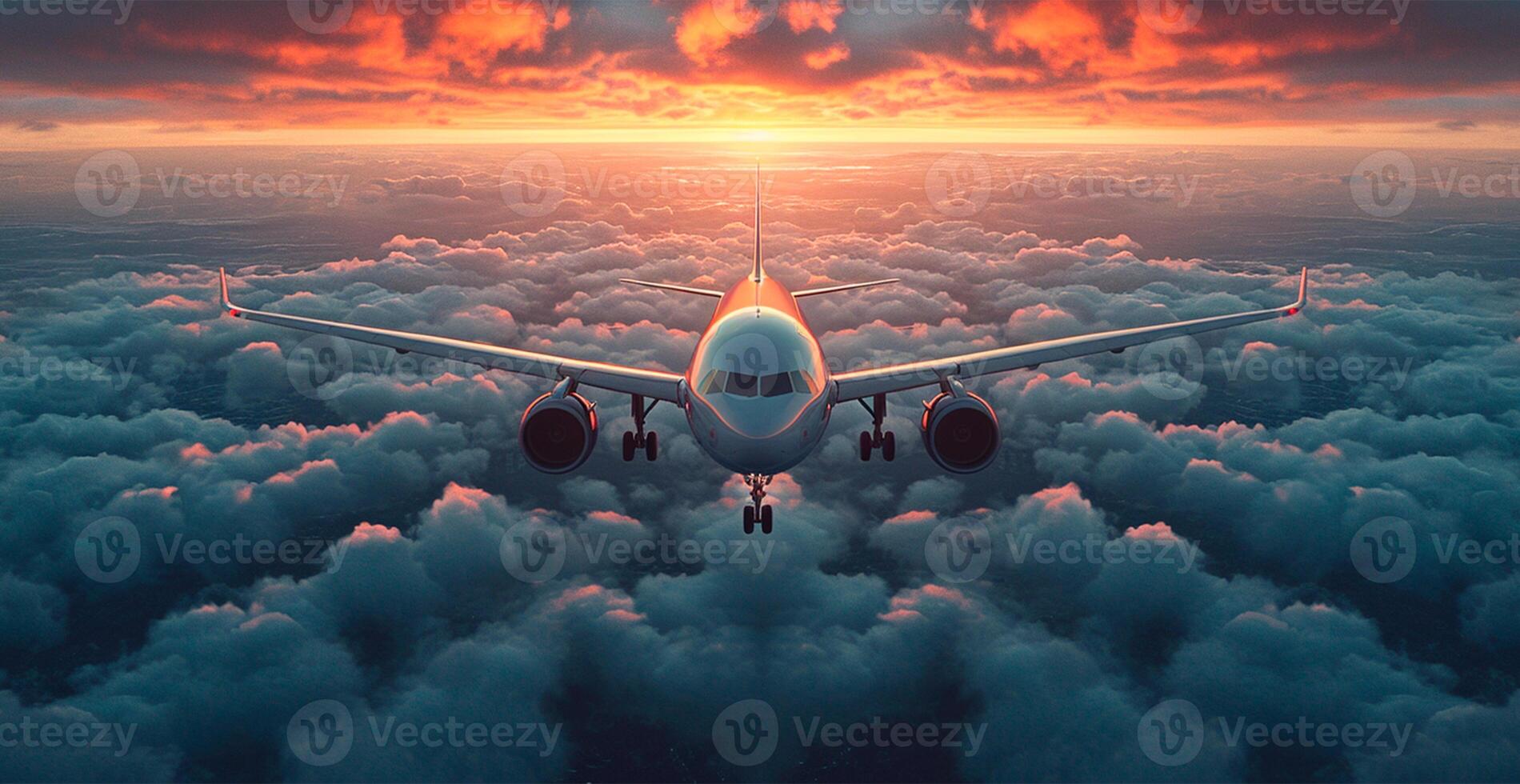 AI generated A commercial civil aircraft flies above the clouds in the bright sun. Travel and transport concept - AI generated image photo