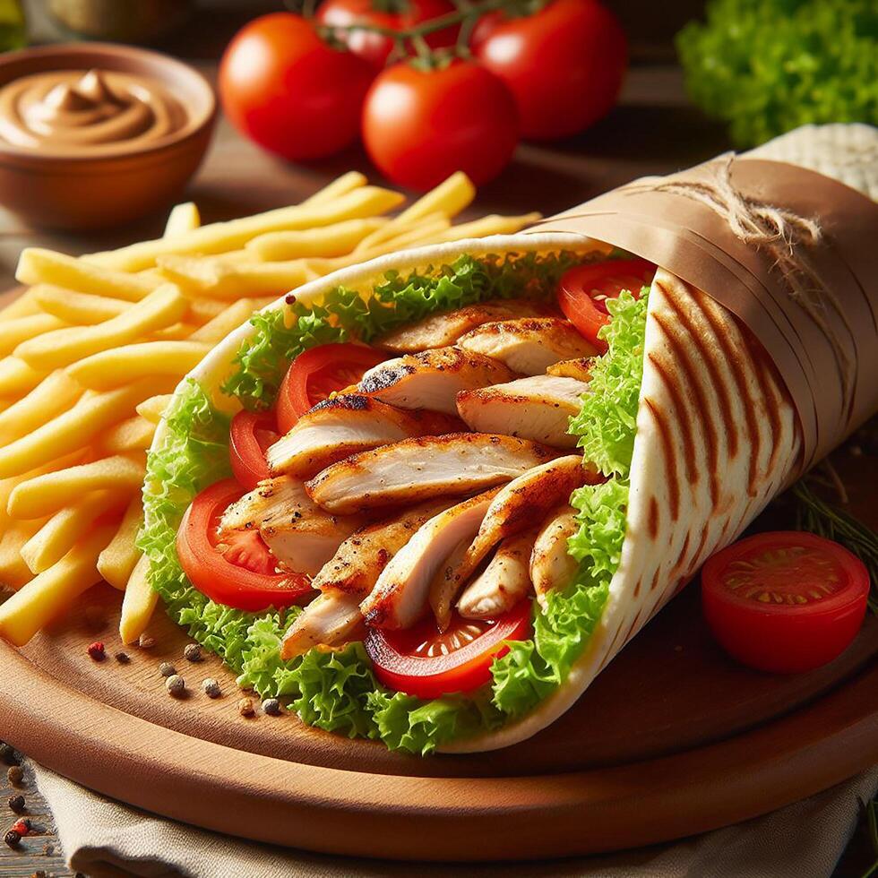 AI generated Durum Chicken Doner Kebab with salad photo