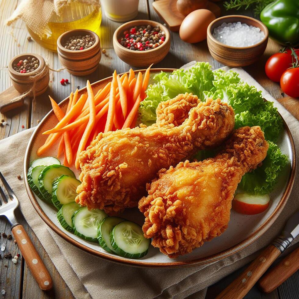 AI generated Crispy-fried chicken breast and legs served with a side of salad photo