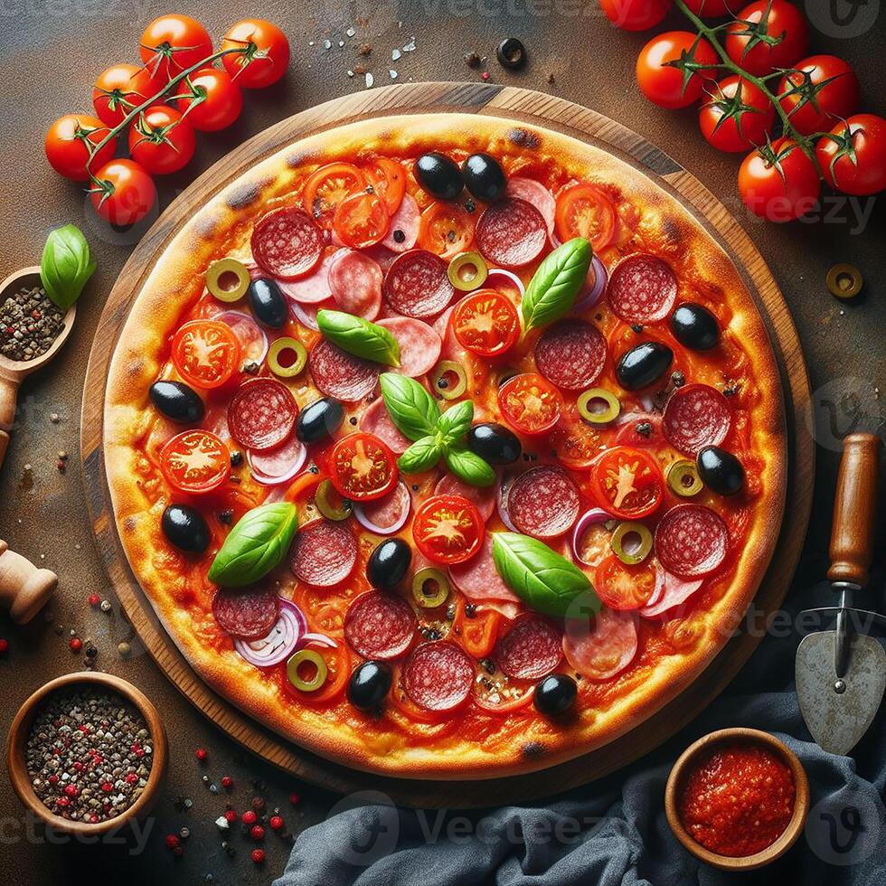 ai generado allí es un Pizza en parte superior de el mesa, cuales es lleno con Tomates, salami, y aceitunas foto