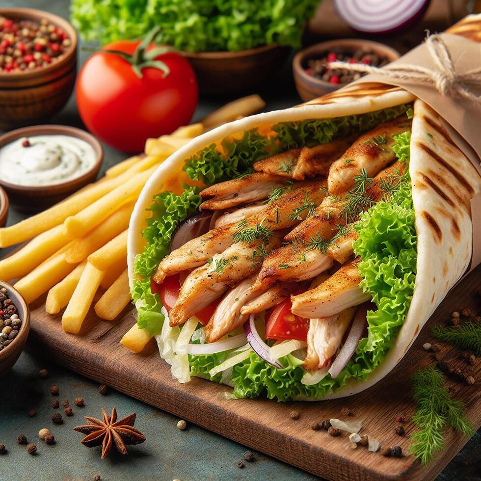 ai generado durum pollo doner brocheta con ensalada foto