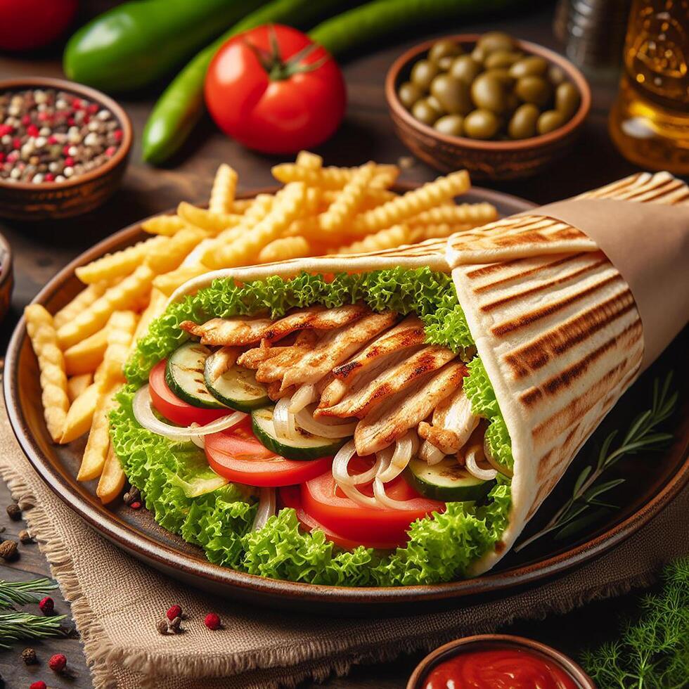 AI generated Durum Chicken Doner Kebab with salad photo