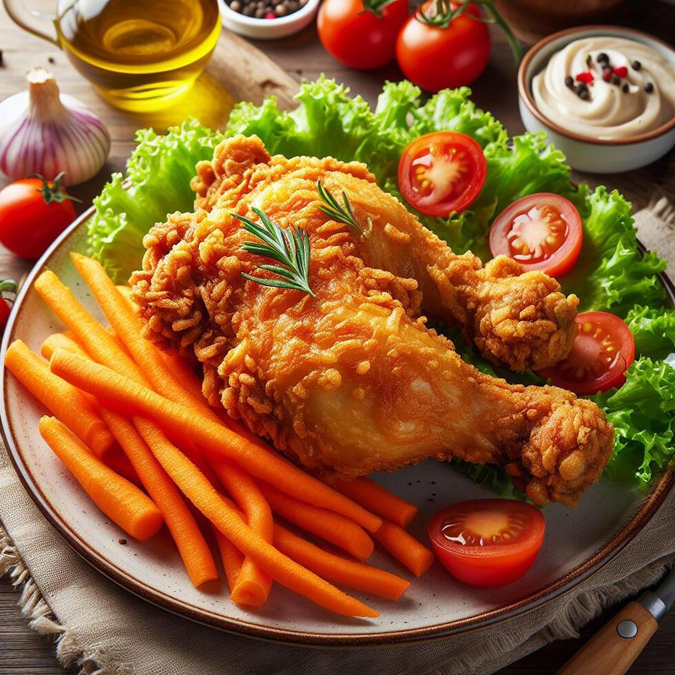 AI generated Crispy-fried chicken breast and legs served with a side of salad photo