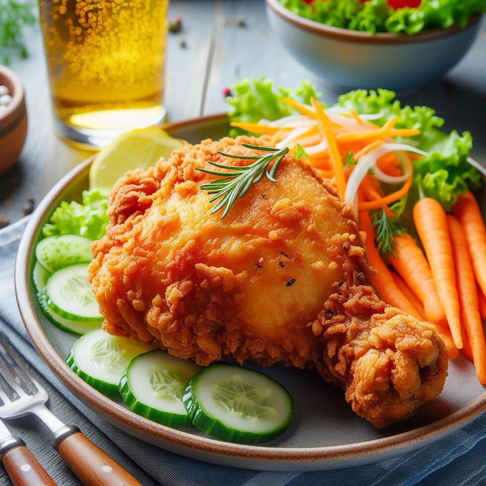 AI generated Crispy-fried chicken breast and legs served with a side of salad photo