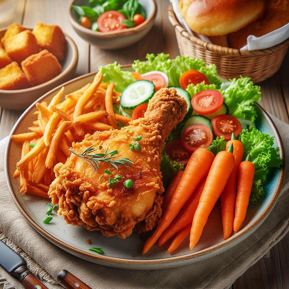 AI generated Crispy-fried chicken breast and legs served with a side of salad photo