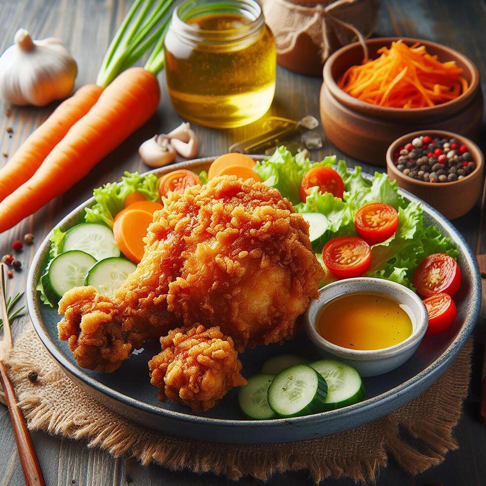 AI generated Crispy-fried chicken breast and legs served with a side of salad photo