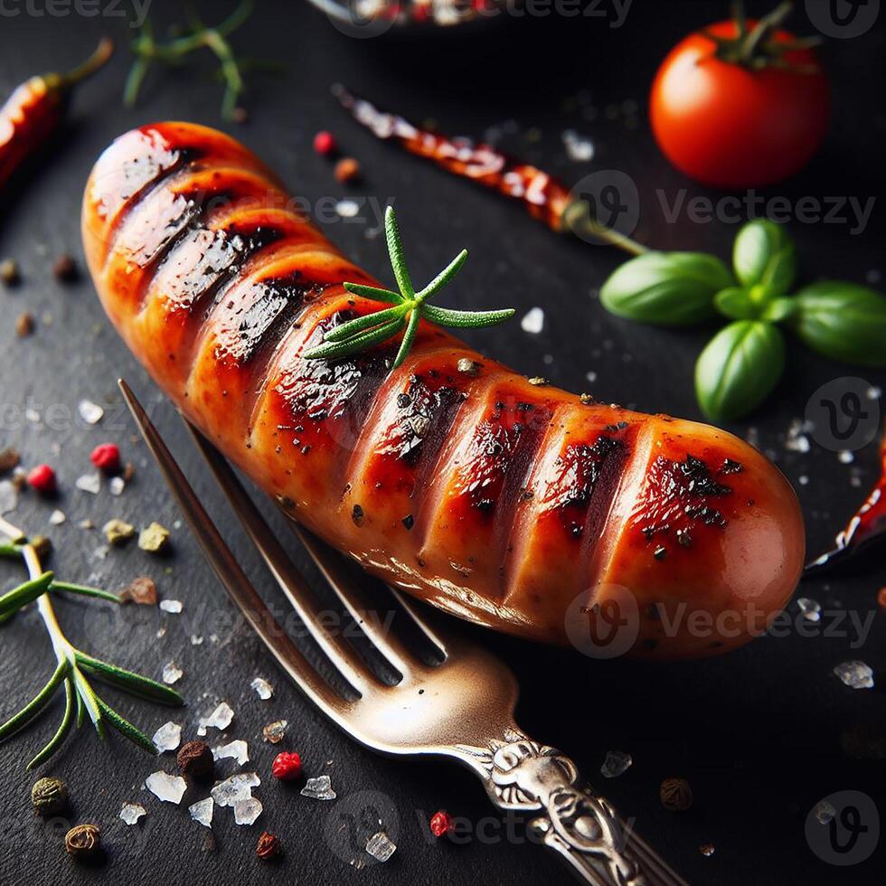 ai generado caliente bávaro salchichas con Romero. salchichas en un tenedor rociado con Romero. foto