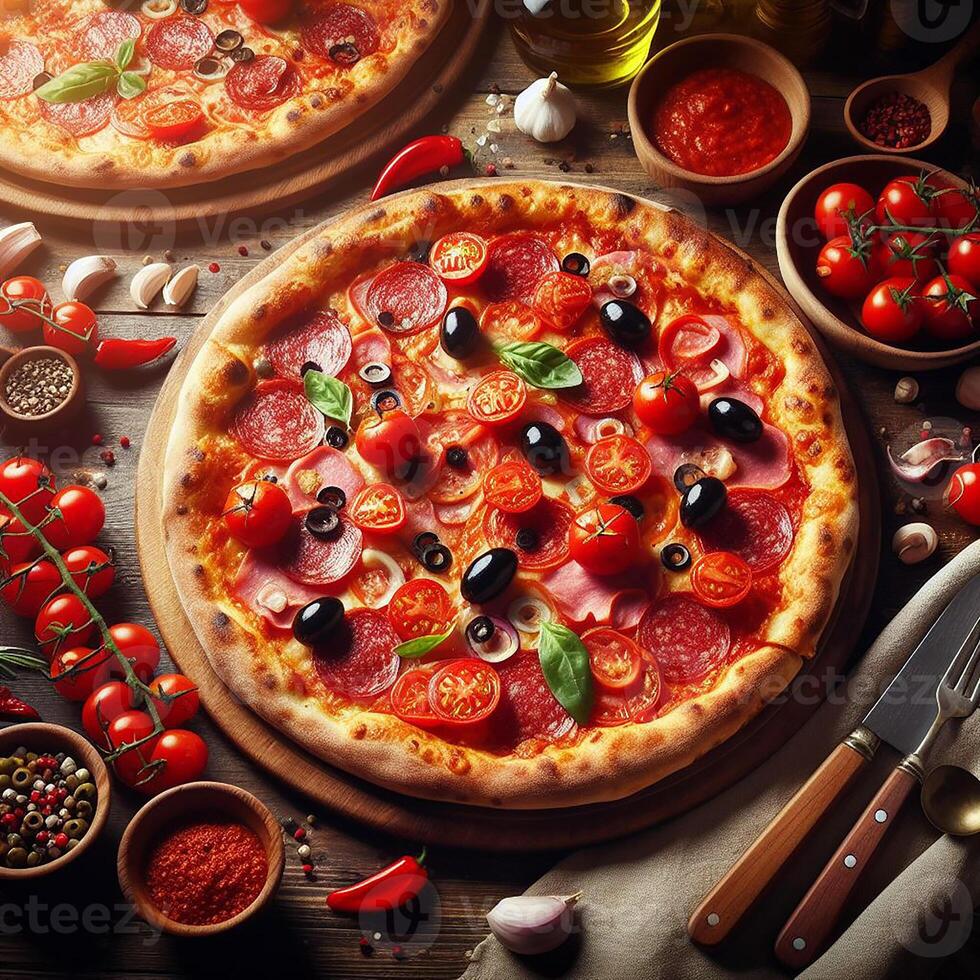 AI generated There is a pizza on top of the table, which is filled with tomatoes, salami, and olives photo